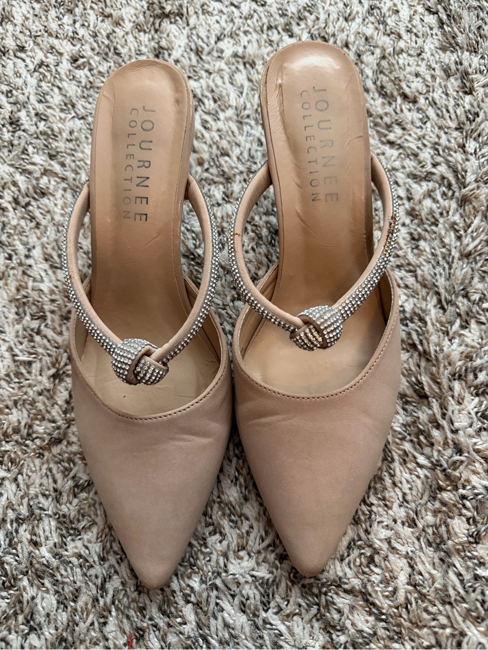 Journee Collection Blush Pointed-Toe Slip-On Mules with Crystal Knot Strap